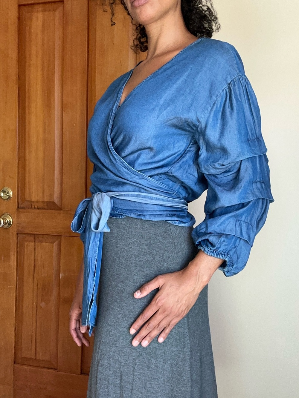 Blue Wrap-Front Tie Waist Blouse